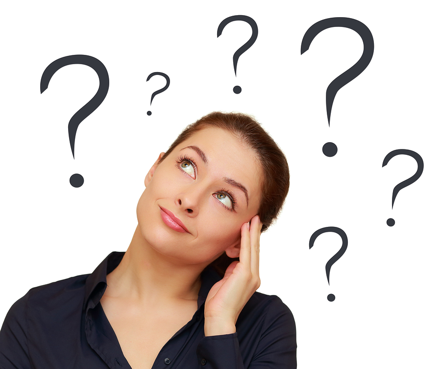Thinking Woman With Question Marks Above The Head Isolated